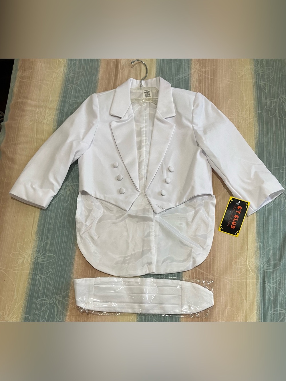 Boys White Cropped Tuxedo Jacket with Satin Tail and Cummerbund